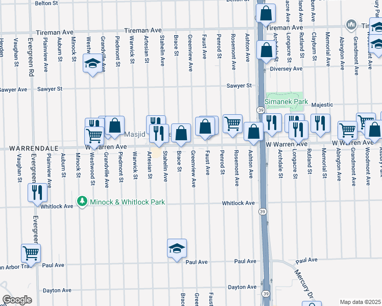 map of restaurants, bars, coffee shops, grocery stores, and more near 6923 Greenview Avenue in Detroit