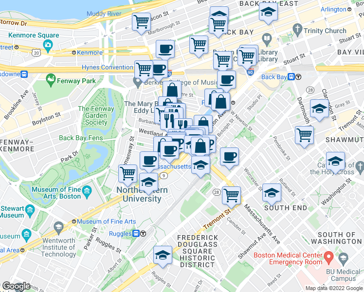 map of restaurants, bars, coffee shops, grocery stores, and more near 301 Massachusetts Avenue in Boston