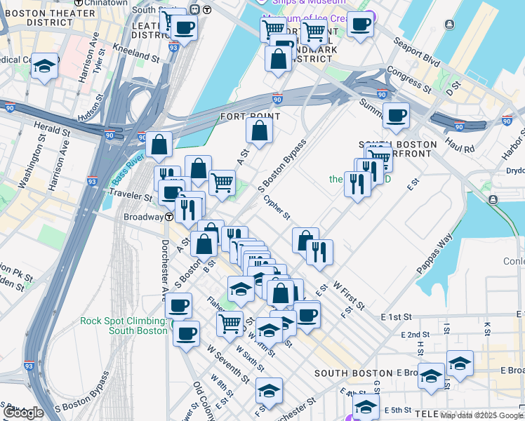 map of restaurants, bars, coffee shops, grocery stores, and more near West Service Road in Boston