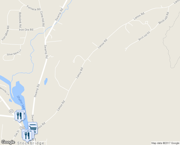 map of restaurants, bars, coffee shops, grocery stores, and more near 64 Lenox Road in West Stockbridge