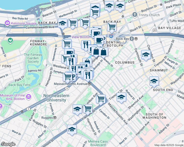 map of restaurants, bars, coffee shops, grocery stores, and more near 200-220 Huntington Avenue in Boston