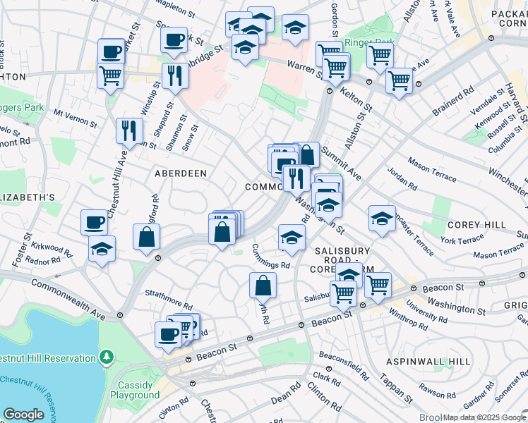 map of restaurants, bars, coffee shops, grocery stores, and more near 1641 Commonwealth Avenue in Boston