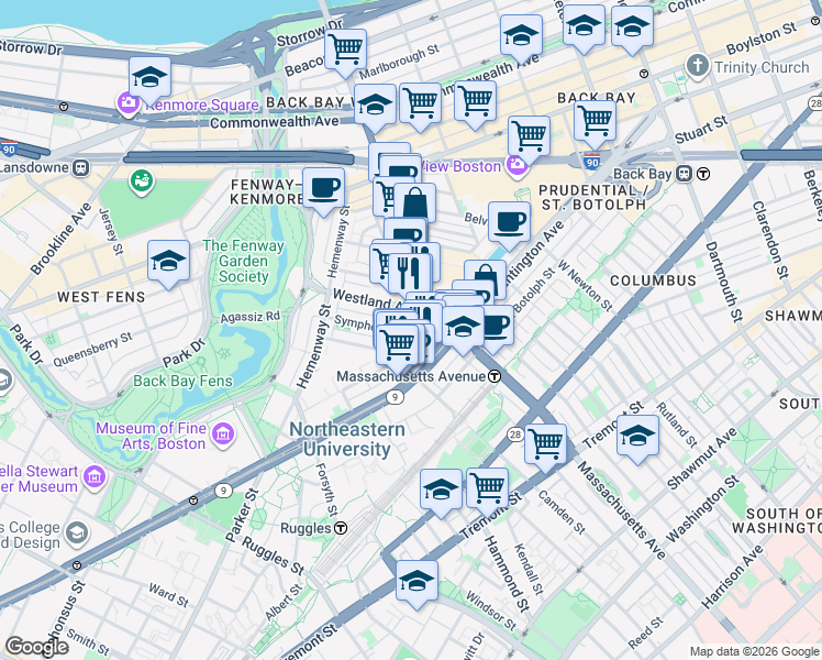 map of restaurants, bars, coffee shops, grocery stores, and more near 279 Massachusetts Avenue in Boston