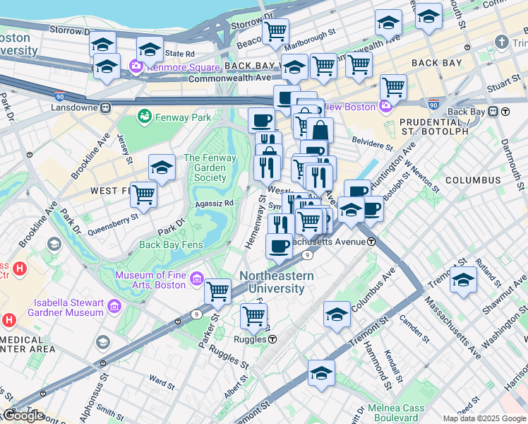 map of restaurants, bars, coffee shops, grocery stores, and more near in Boston