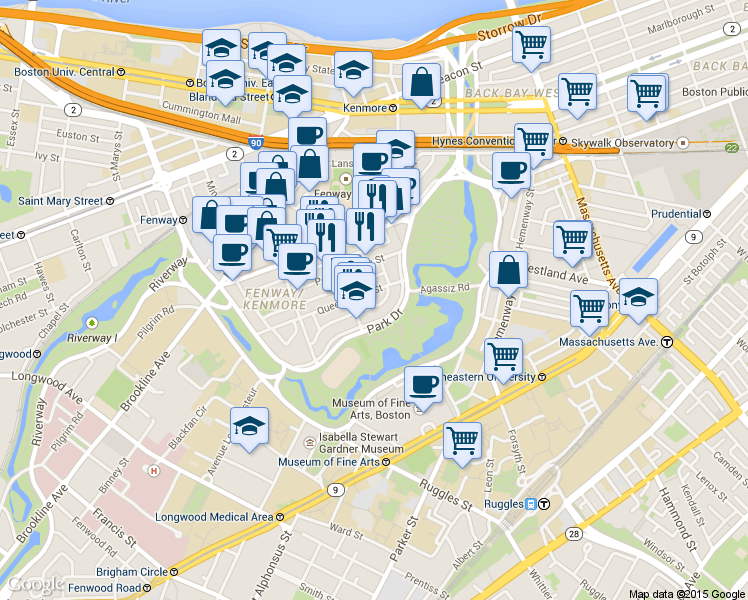 map of restaurants, bars, coffee shops, grocery stores, and more near 11 Queensberry Street in Boston