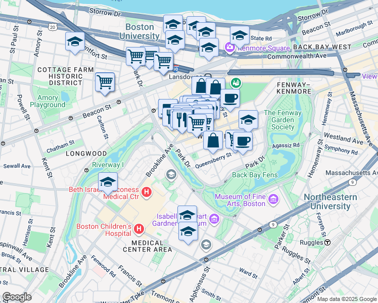 map of restaurants, bars, coffee shops, grocery stores, and more near 137 Peterborough Street in Boston