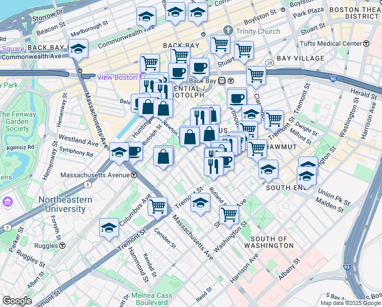 map of restaurants, bars, coffee shops, grocery stores, and more near 195 West Newton Street in Boston