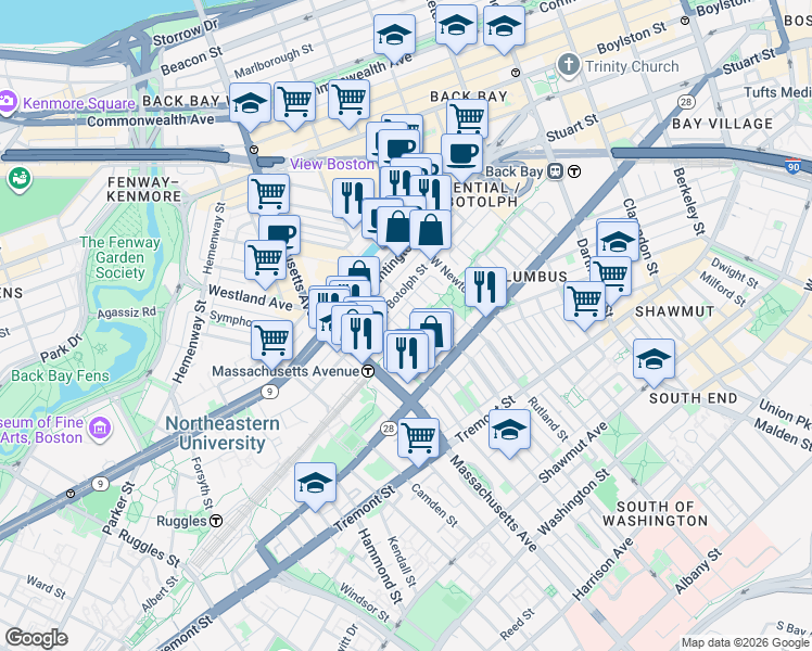 map of restaurants, bars, coffee shops, grocery stores, and more near in Boston