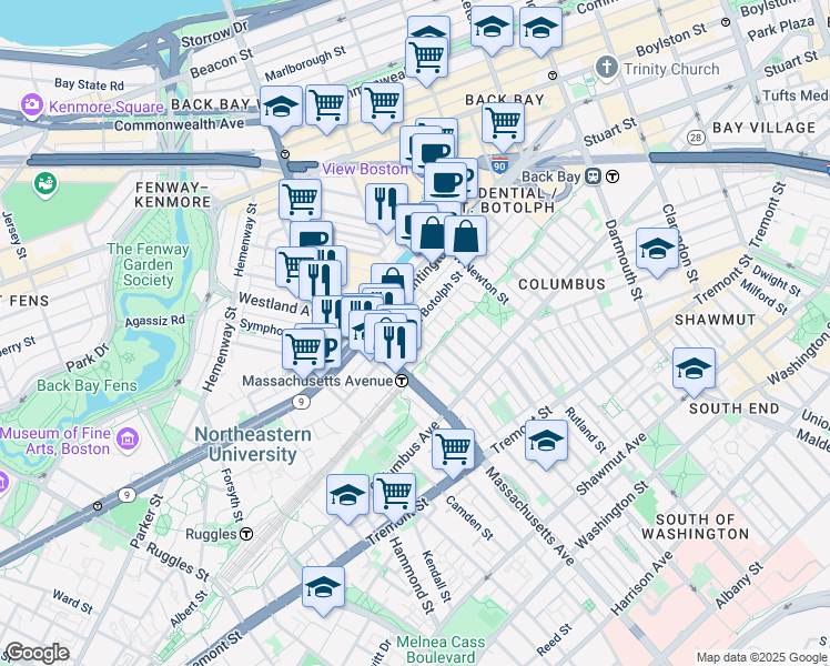 map of restaurants, bars, coffee shops, grocery stores, and more near 164 Saint Botolph Street in Boston
