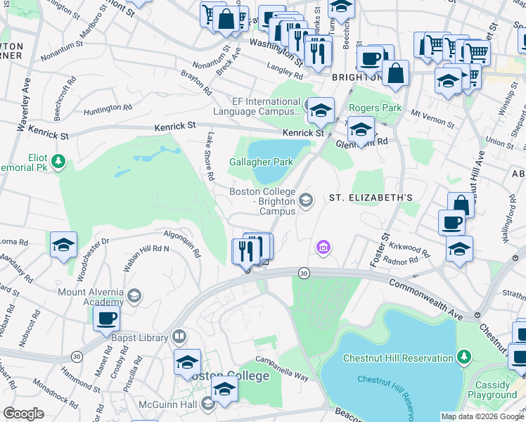 map of restaurants, bars, coffee shops, grocery stores, and more near 88 Lake Shore Road in Boston