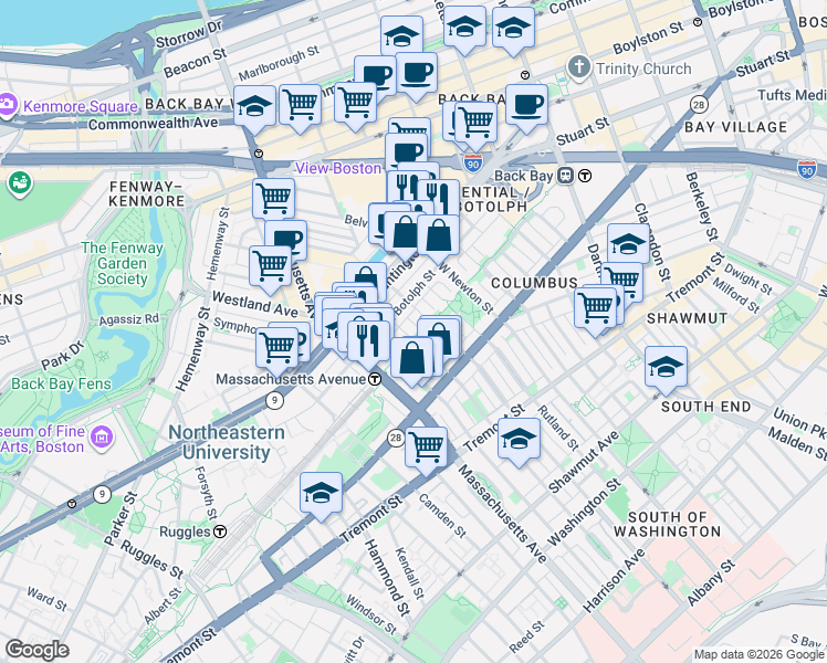 map of restaurants, bars, coffee shops, grocery stores, and more near 12 Blackwood Street in Boston