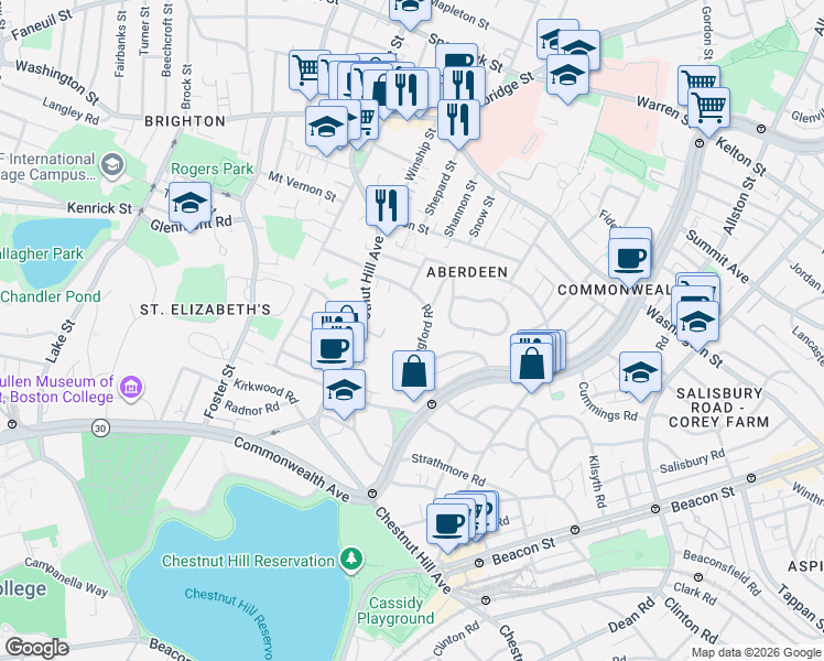 map of restaurants, bars, coffee shops, grocery stores, and more near Wallingford Road in Boston