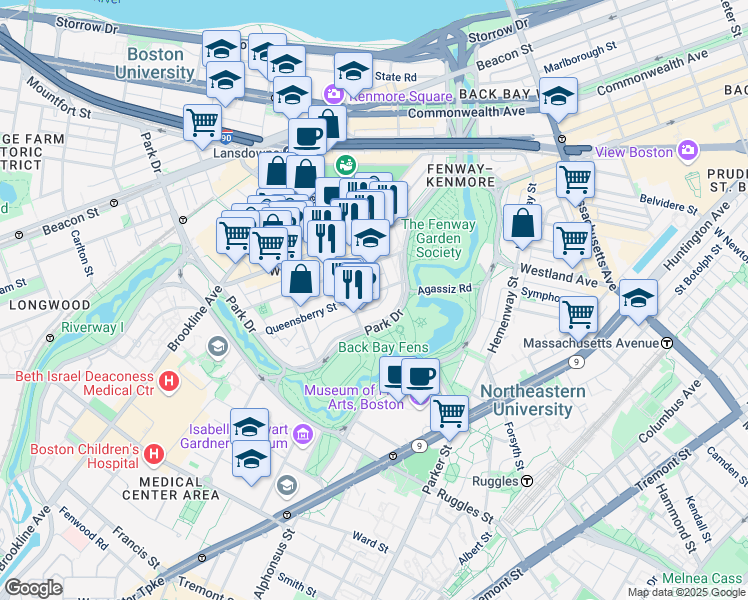 map of restaurants, bars, coffee shops, grocery stores, and more near 11 Queensberry Street in Boston