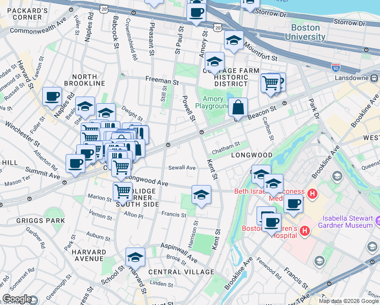 map of restaurants, bars, coffee shops, grocery stores, and more near in Brookline