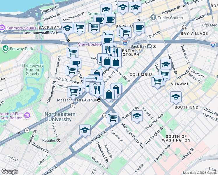 map of restaurants, bars, coffee shops, grocery stores, and more near in Boston