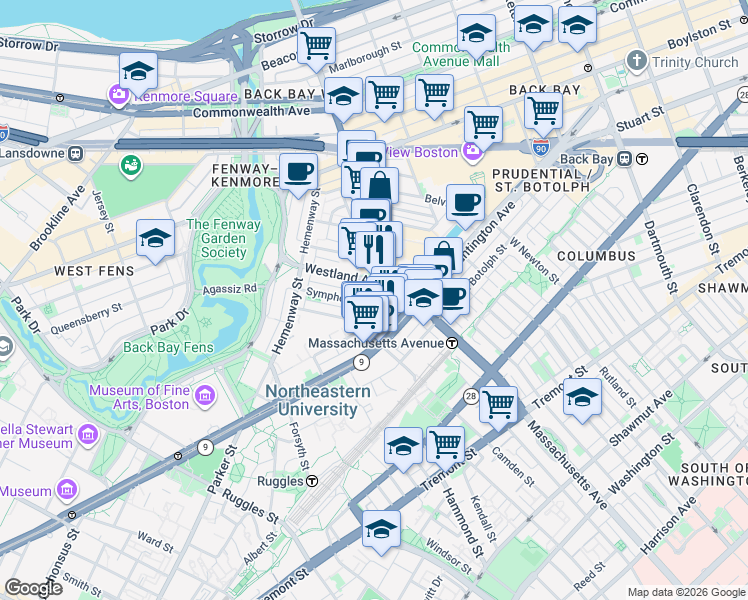 map of restaurants, bars, coffee shops, grocery stores, and more near in Boston