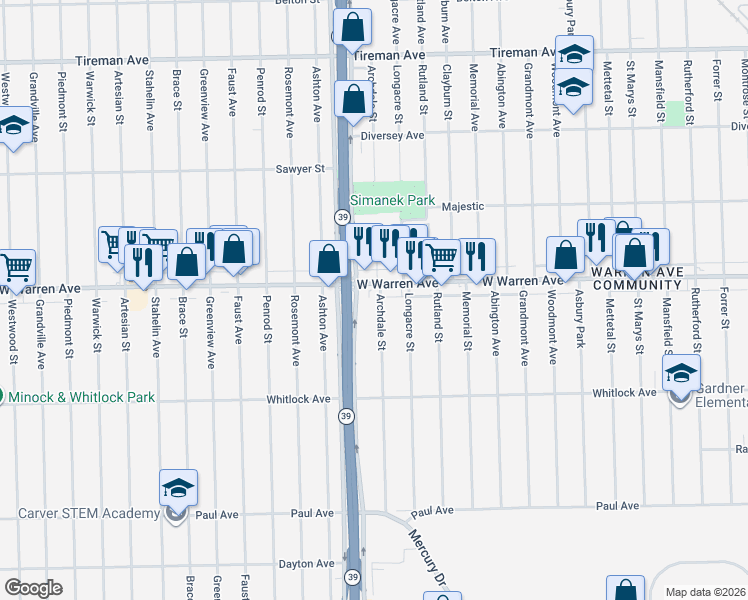 map of restaurants, bars, coffee shops, grocery stores, and more near 17720 West Warren Avenue in Detroit