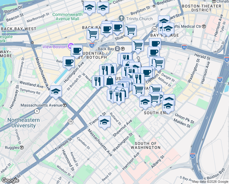 map of restaurants, bars, coffee shops, grocery stores, and more near 174 West Canton Street in Boston