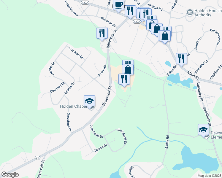 map of restaurants, bars, coffee shops, grocery stores, and more near 216 Reservoir Street in Holden