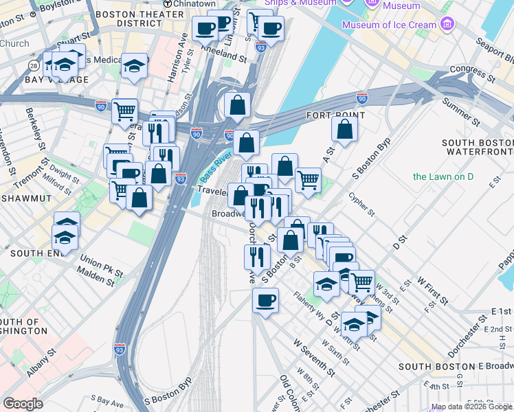 map of restaurants, bars, coffee shops, grocery stores, and more near 8 West 2nd Street in Boston