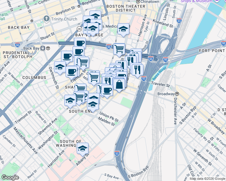map of restaurants, bars, coffee shops, grocery stores, and more near 31 Fay Street in Boston