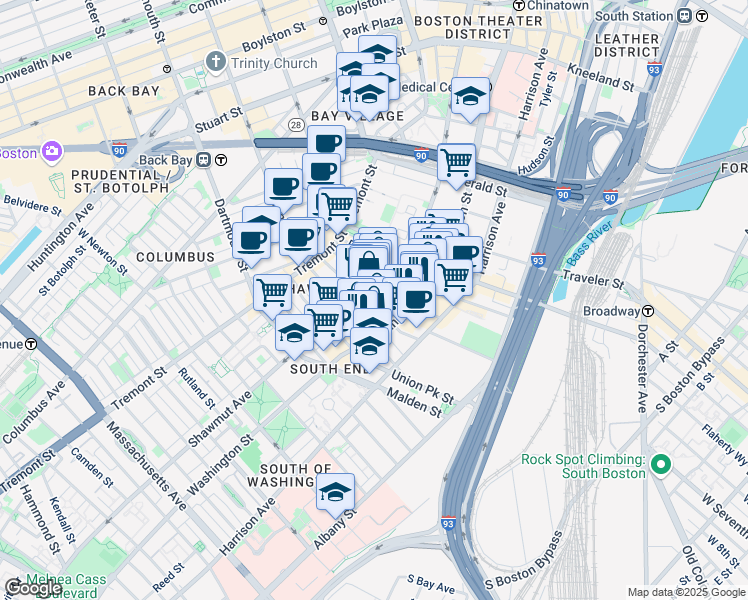 map of restaurants, bars, coffee shops, grocery stores, and more near in Boston