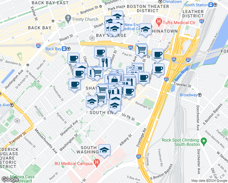 map of restaurants, bars, coffee shops, grocery stores, and more near in Boston