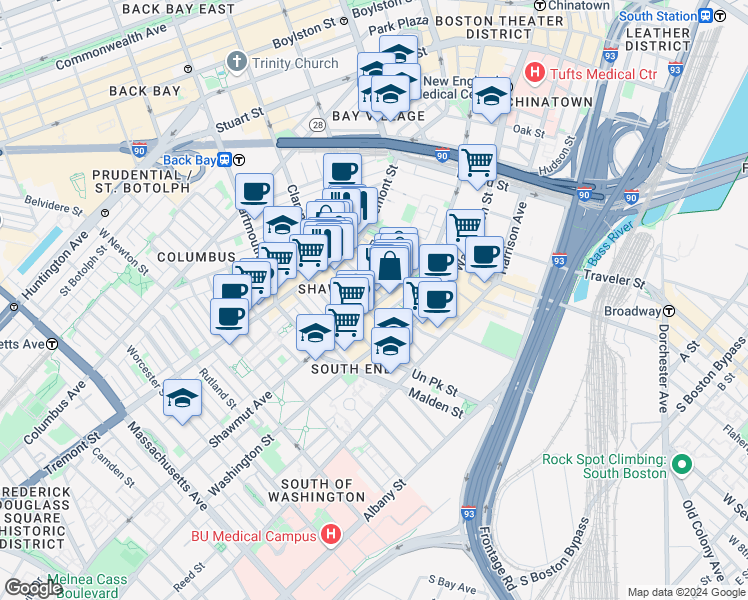 map of restaurants, bars, coffee shops, grocery stores, and more near 3 Hanson Street in Boston