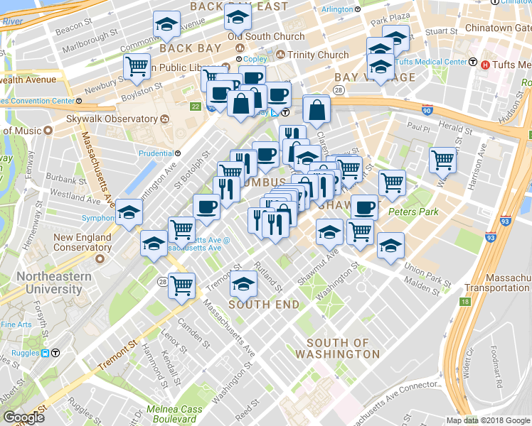 map of restaurants, bars, coffee shops, grocery stores, and more near 174 West Canton Street in Boston