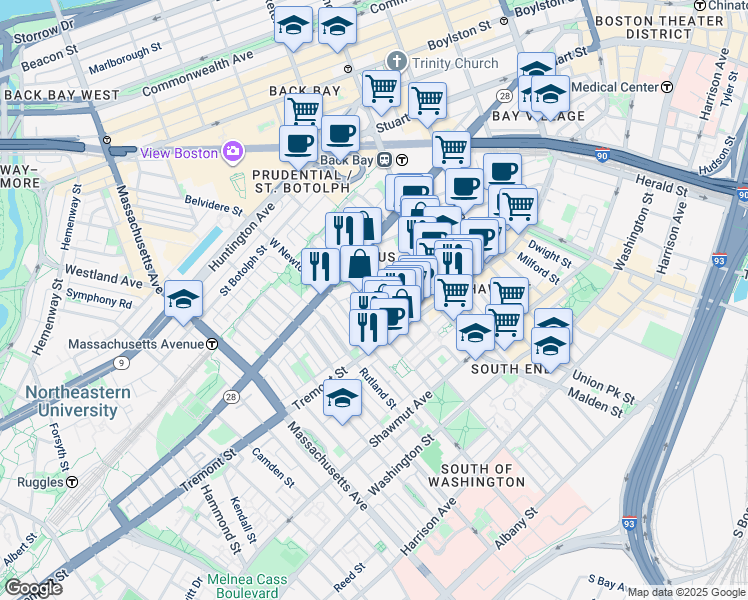 map of restaurants, bars, coffee shops, grocery stores, and more near 174 West Canton Street in Boston