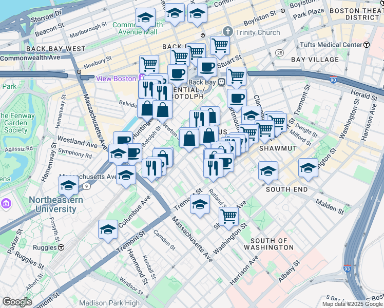 map of restaurants, bars, coffee shops, grocery stores, and more near 195 West Newton Street in Boston