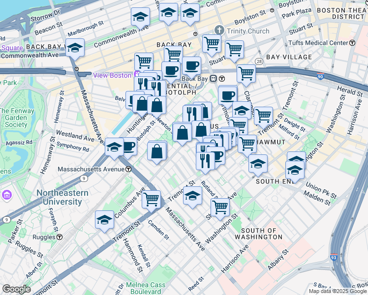 map of restaurants, bars, coffee shops, grocery stores, and more near 195 West Newton Street in Boston