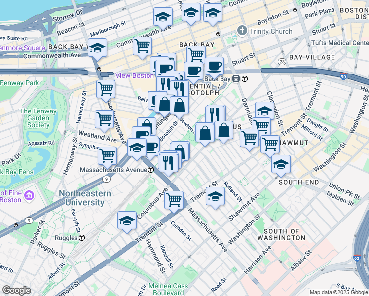 map of restaurants, bars, coffee shops, grocery stores, and more near 76 Claremont Street in Boston
