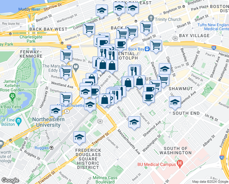 map of restaurants, bars, coffee shops, grocery stores, and more near 76 Claremont Street in Boston