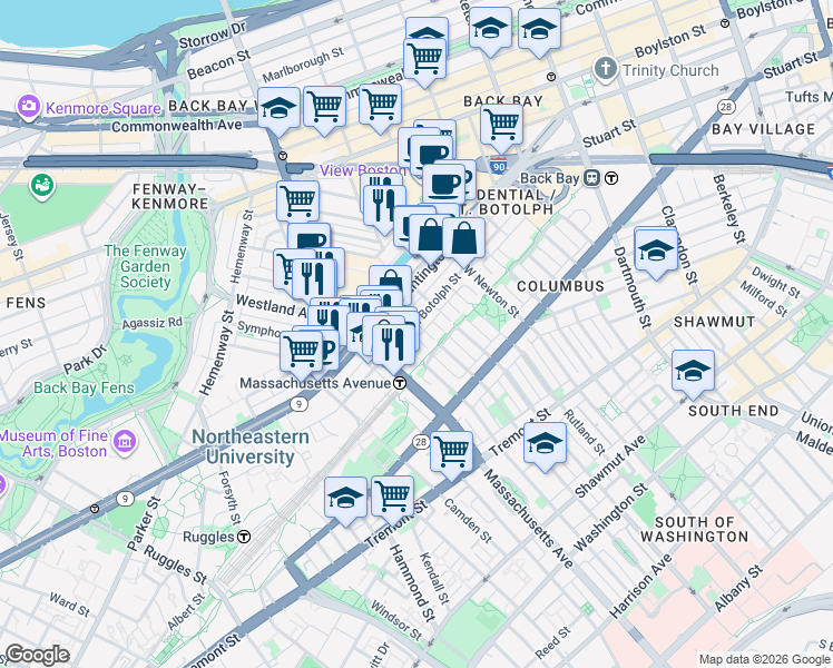 map of restaurants, bars, coffee shops, grocery stores, and more near 200-220 Huntington Avenue in Boston