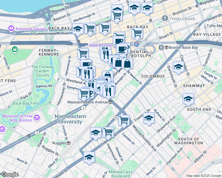map of restaurants, bars, coffee shops, grocery stores, and more near 200-220 Huntington Avenue in Boston