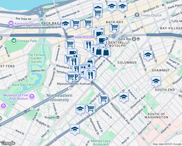 map of restaurants, bars, coffee shops, grocery stores, and more near 200-220 Huntington Avenue in Boston