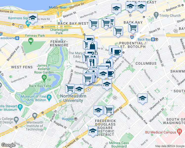 map of restaurants, bars, coffee shops, grocery stores, and more near in Boston