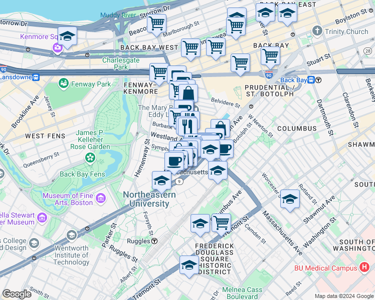 map of restaurants, bars, coffee shops, grocery stores, and more near in Boston