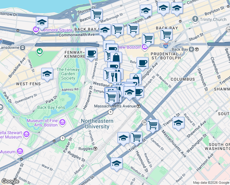 map of restaurants, bars, coffee shops, grocery stores, and more near in Boston