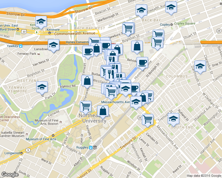map of restaurants, bars, coffee shops, grocery stores, and more near in Boston