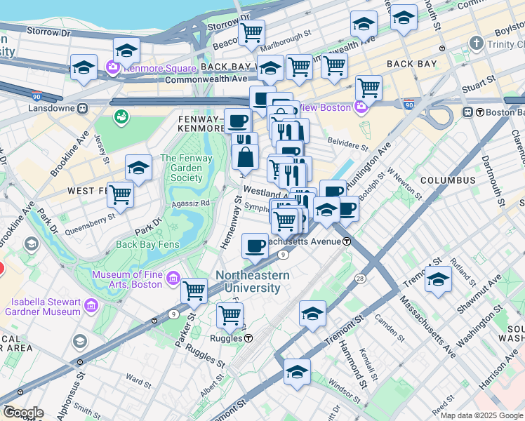 map of restaurants, bars, coffee shops, grocery stores, and more near 29 Symphony Road in Boston