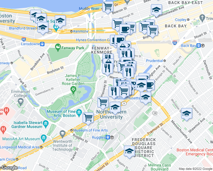 map of restaurants, bars, coffee shops, grocery stores, and more near in Boston