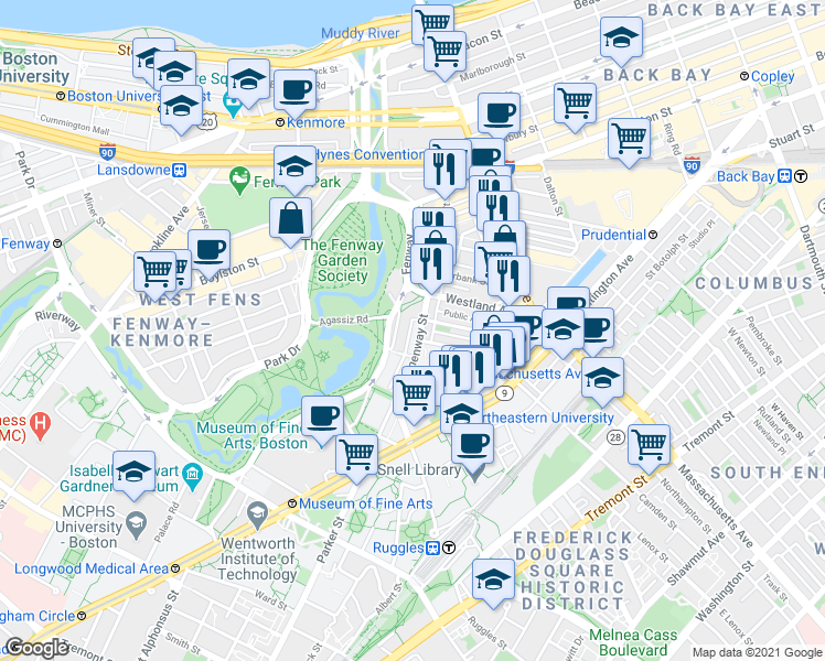 map of restaurants, bars, coffee shops, grocery stores, and more near 60 Fenway in Boston