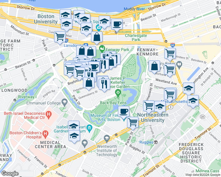 map of restaurants, bars, coffee shops, grocery stores, and more near 11 Queensberry Street in Boston