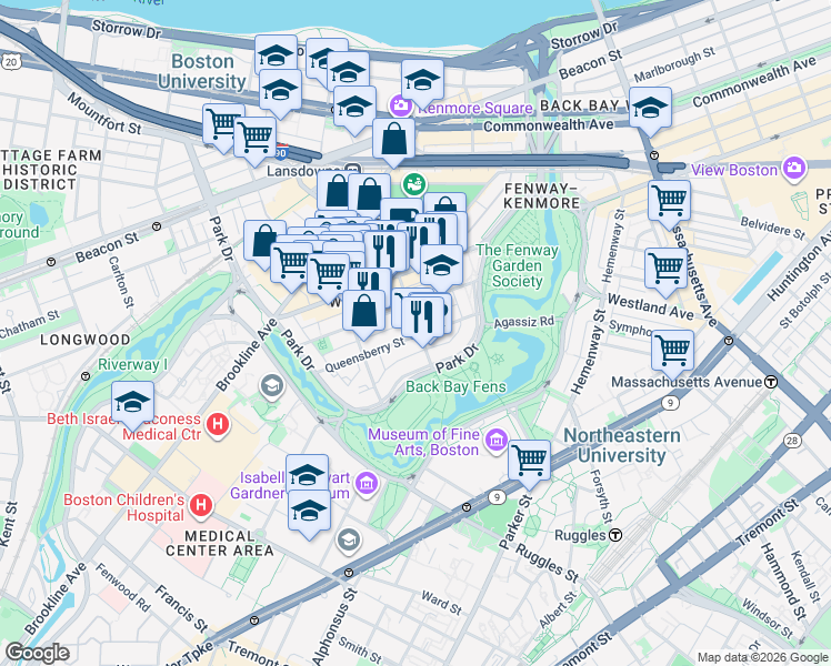 map of restaurants, bars, coffee shops, grocery stores, and more near 119 Jersey Street in Boston