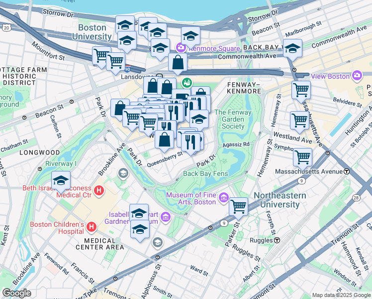 map of restaurants, bars, coffee shops, grocery stores, and more near 119 Jersey Street in Boston
