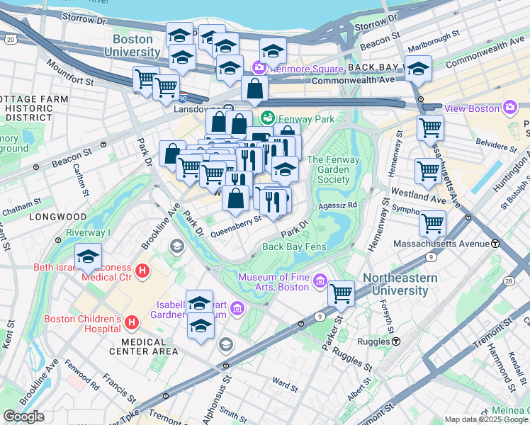 map of restaurants, bars, coffee shops, grocery stores, and more near 119 Jersey Street in Boston