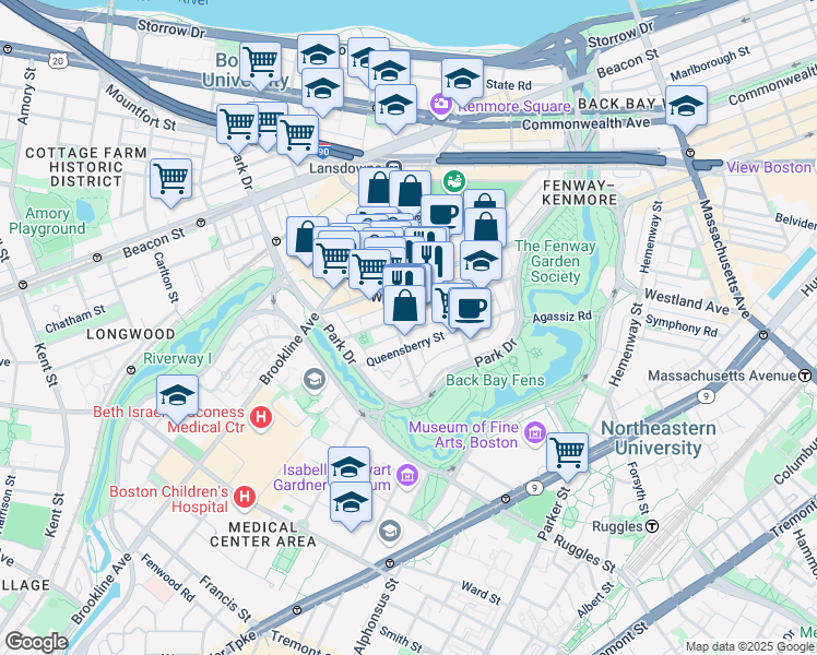 map of restaurants, bars, coffee shops, grocery stores, and more near 85 Peterborough Street in Boston