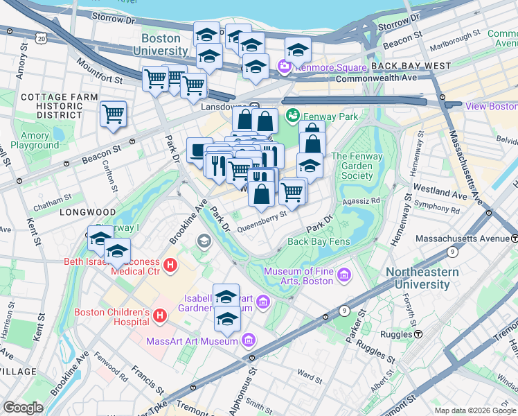 map of restaurants, bars, coffee shops, grocery stores, and more near in Boston